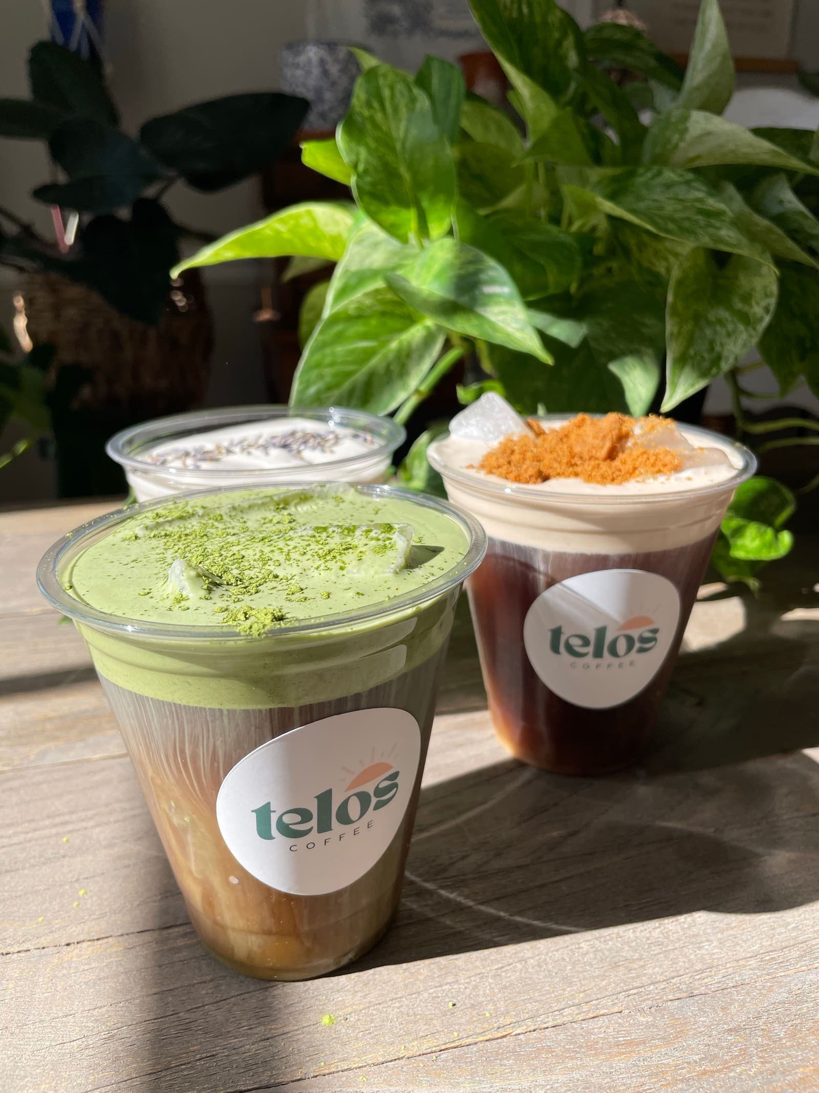 Two Telos Coffee cups in the sun, an iced matcha under green cream and an iced latte under orange cookie butter foam
